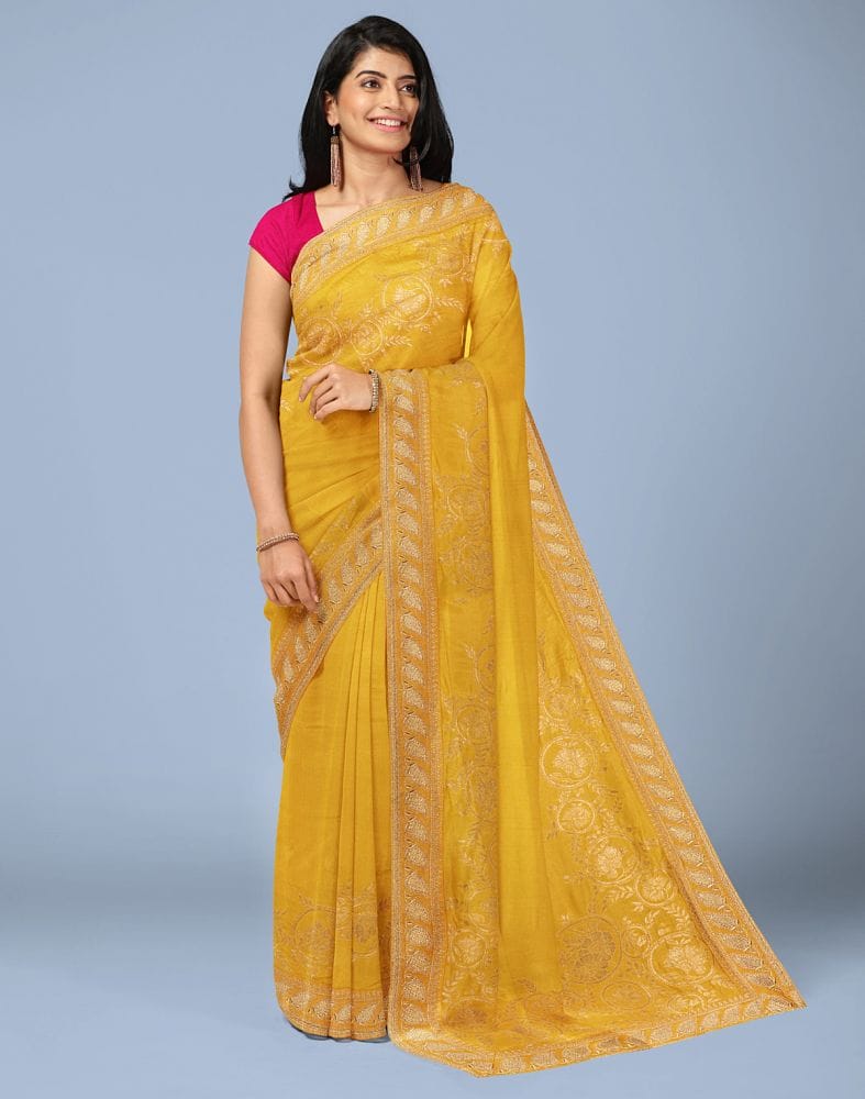 Yellow Floral Embroidery work Raw Silk Saree