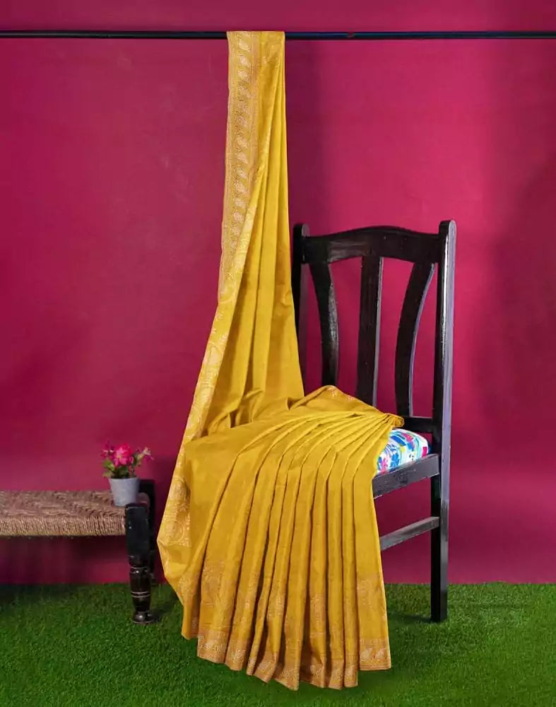 Yellow Floral Embroidery work Raw Silk Saree