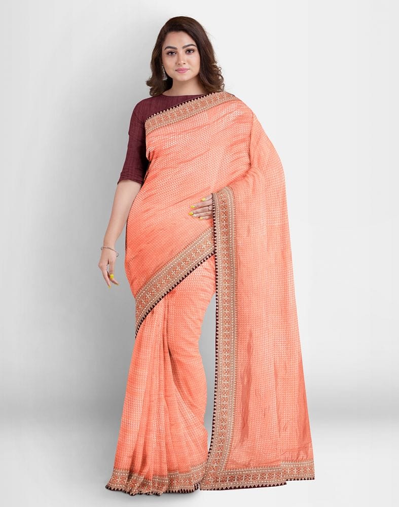 Peach Self Design Plain Shimmer Fabric Saree