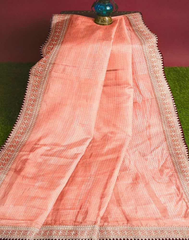 Peach Self Design Plain Shimmer Fabric Saree