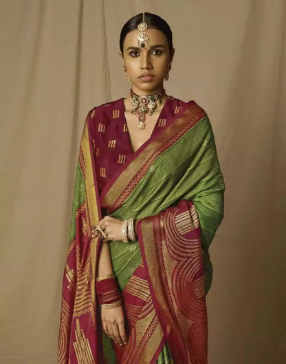 Green Paisley Mica Print Soft Brasso Saree