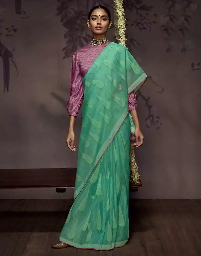 Sea Green Botanical Print Soft Georgette Saree