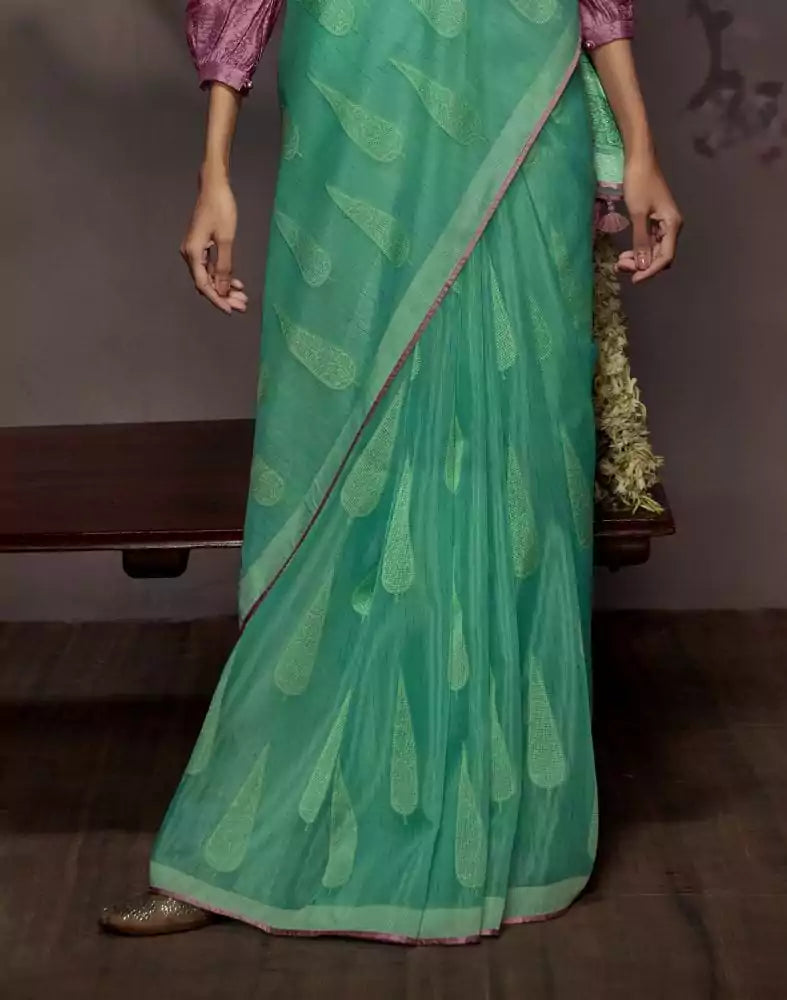 Sea Green Botanical Print Soft Georgette Saree