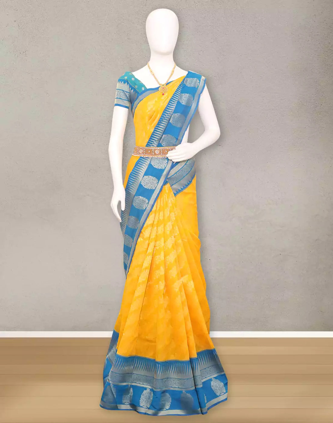 Yellow coloured Floral bunches Sico Cotton Silk Saree