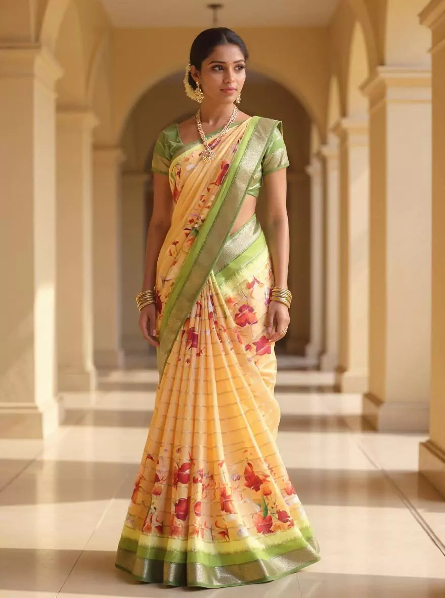 Light Orange Mangalagiri Dola Silk Floral Print Contrast Woven Border Saree