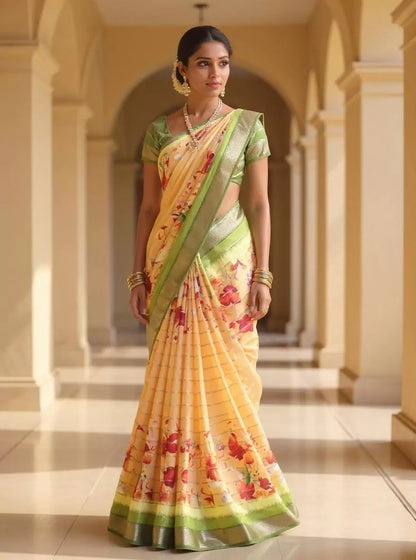 Light Orange Mangalagiri Dola Silk Floral Print Contrast Woven Border Saree