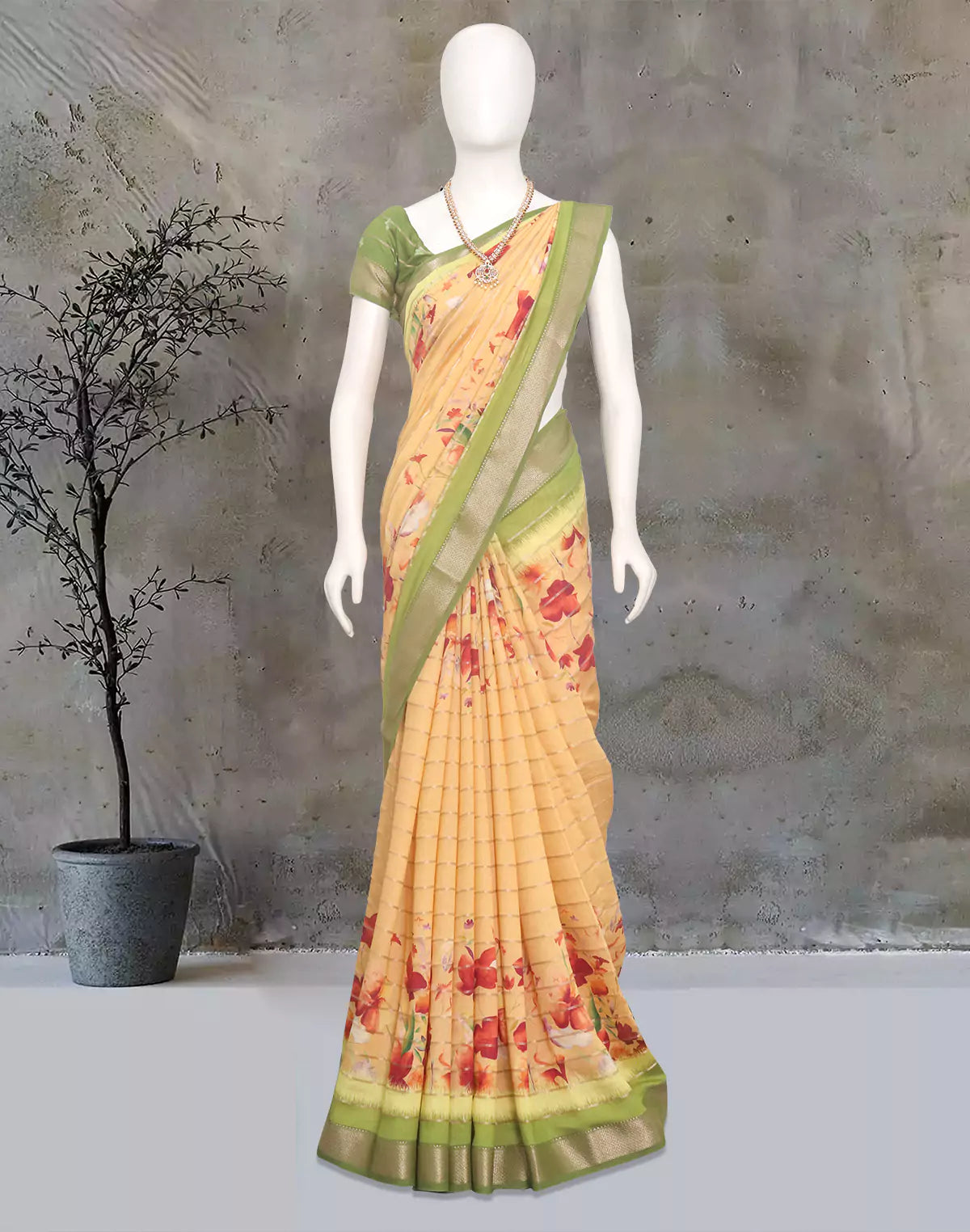 Light Orange Mangalagiri Dola Silk Floral Print Contrast Woven Border Saree