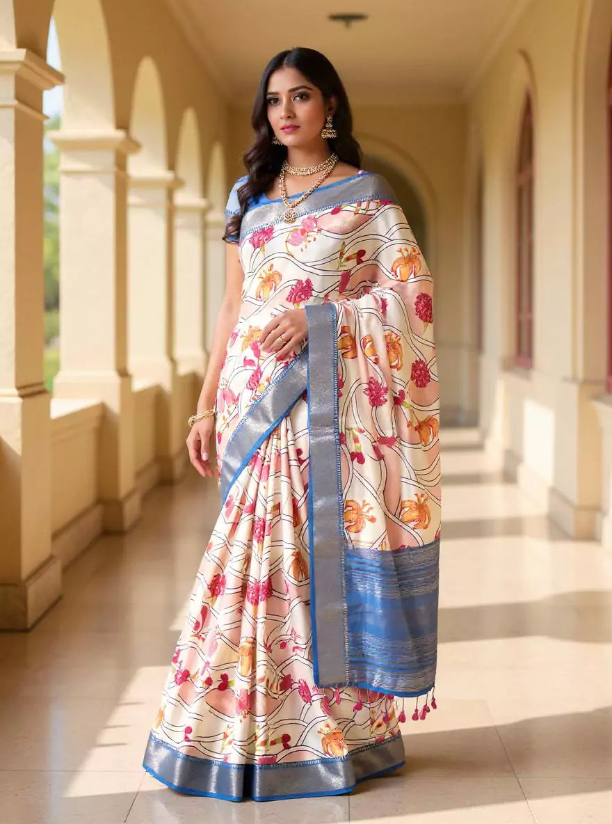Off White Floral Bunches Mangalagiri Dola Silk Saree