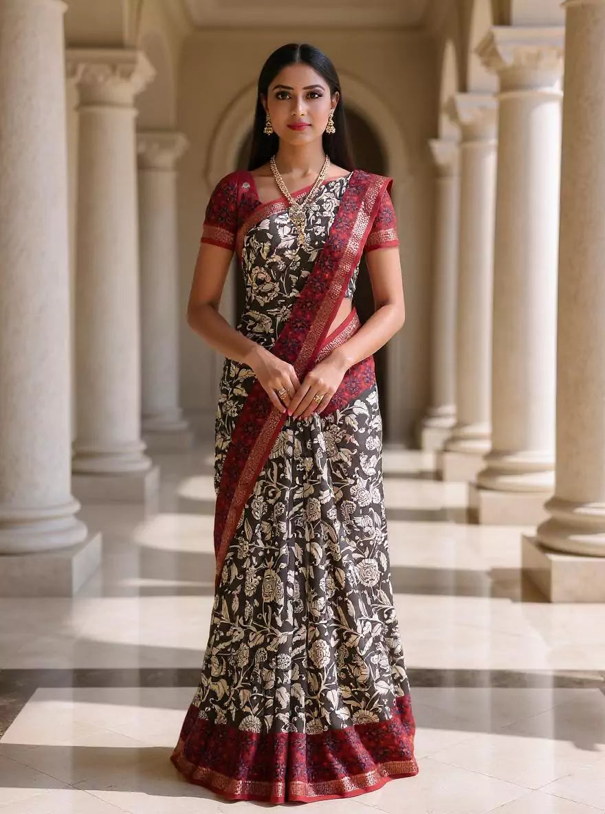 Dark Grey Floral Design Dola Silk Saree with Tussels