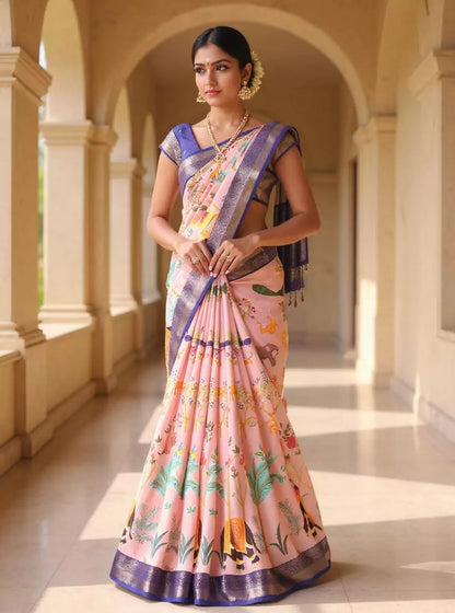 Light Onion Dola Silk Birds with Animal Print Saree