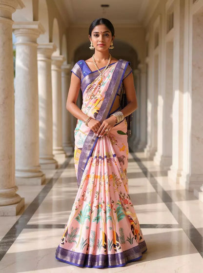 Light Onion Dola Silk Birds with Animal Print Saree