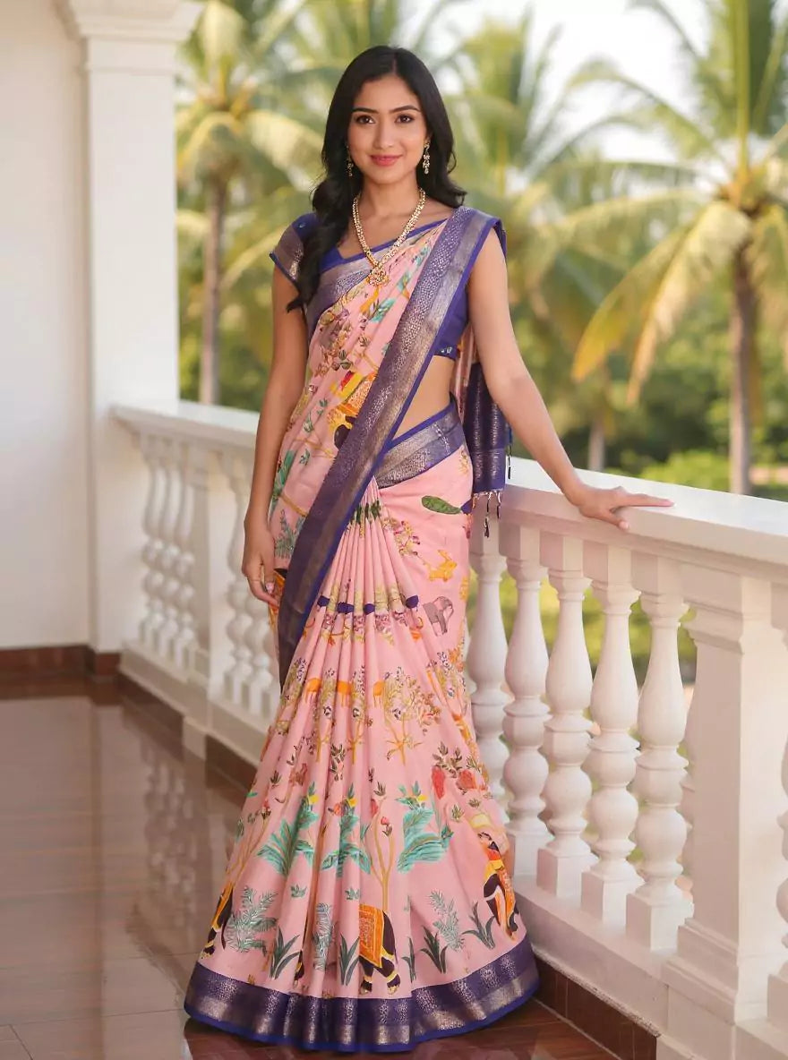 Light Onion Dola Silk Birds with Animal Print Saree