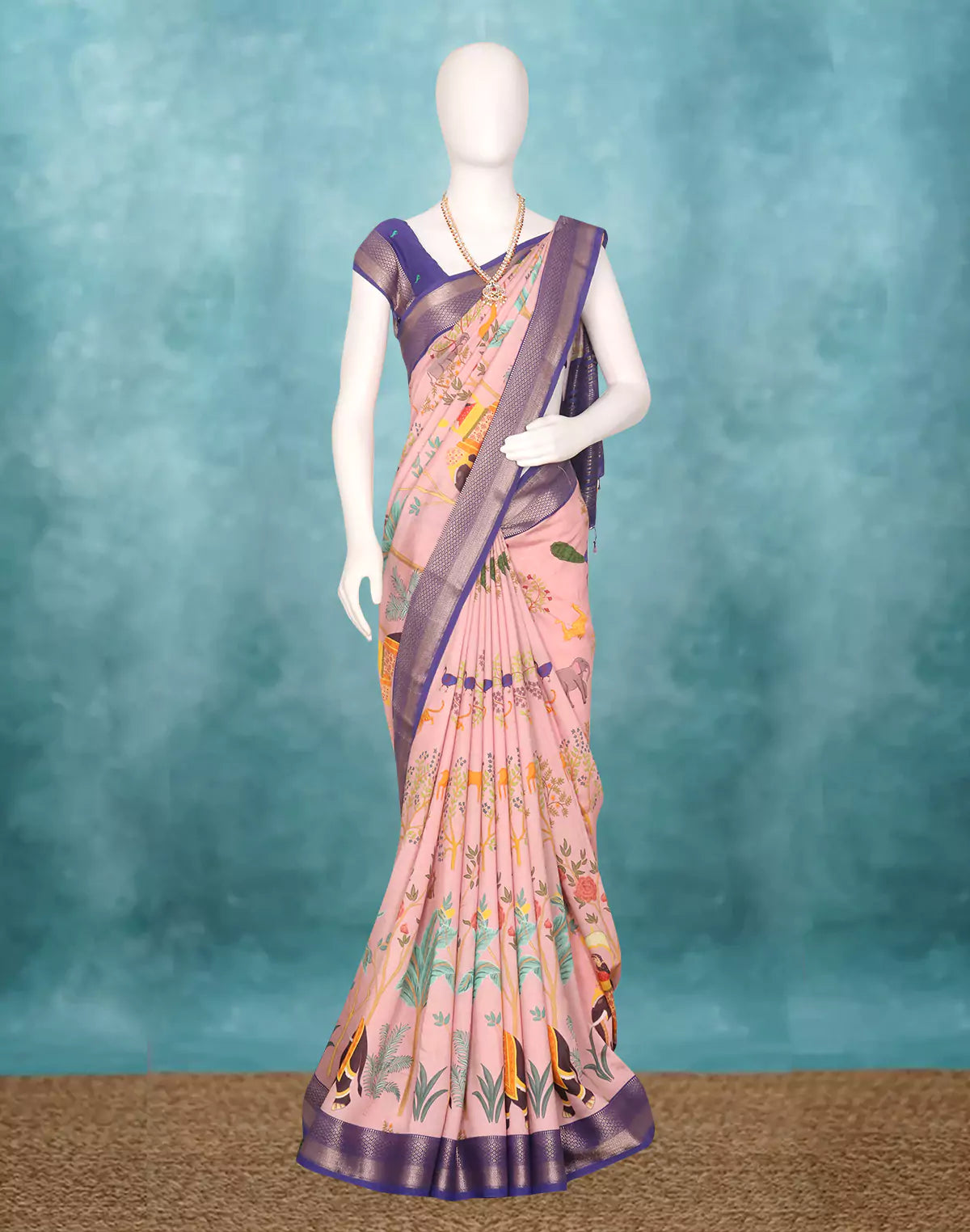 Light Onion Dola Silk Birds with Animal Print Saree