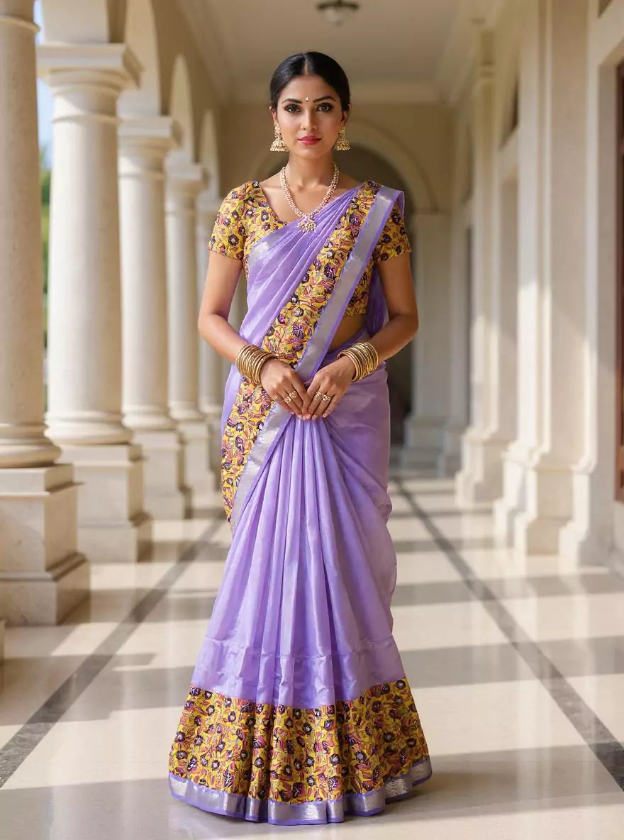 Purple Plain Mangalagiri Silk Saree with Kalamkari Border