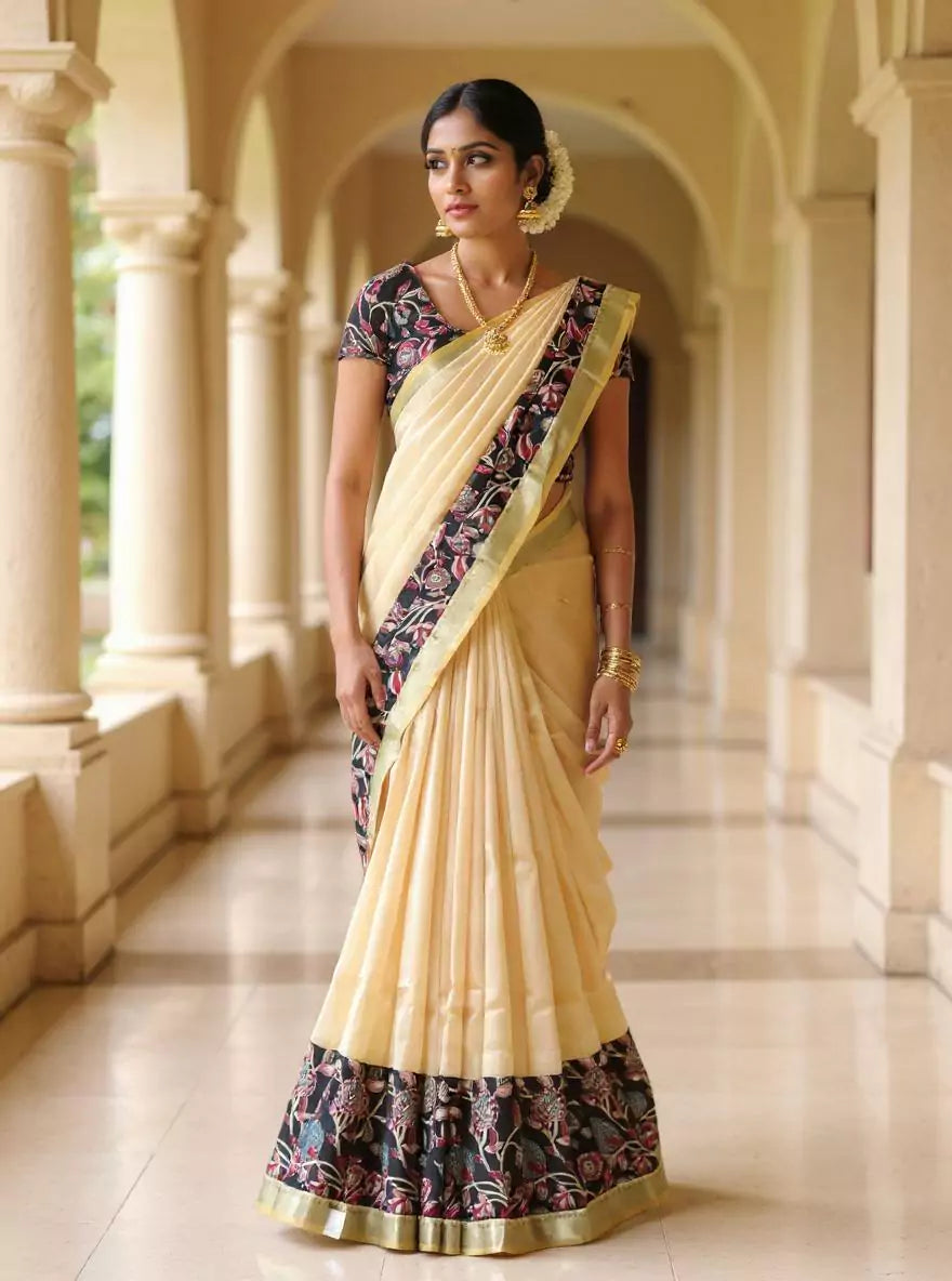 Beige and Brown Plain Mangalagiri Silk Saree with Kalamkari Border