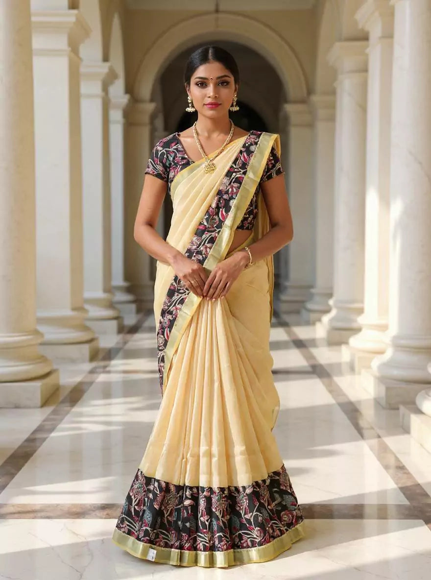 Beige and Brown Plain Mangalagiri Silk Saree with Kalamkari Border