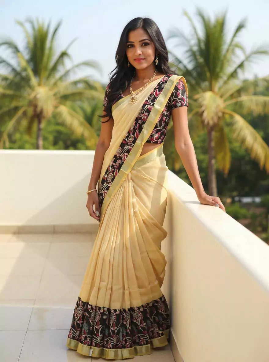 Beige and Brown Plain Mangalagiri Silk Saree with Kalamkari Border