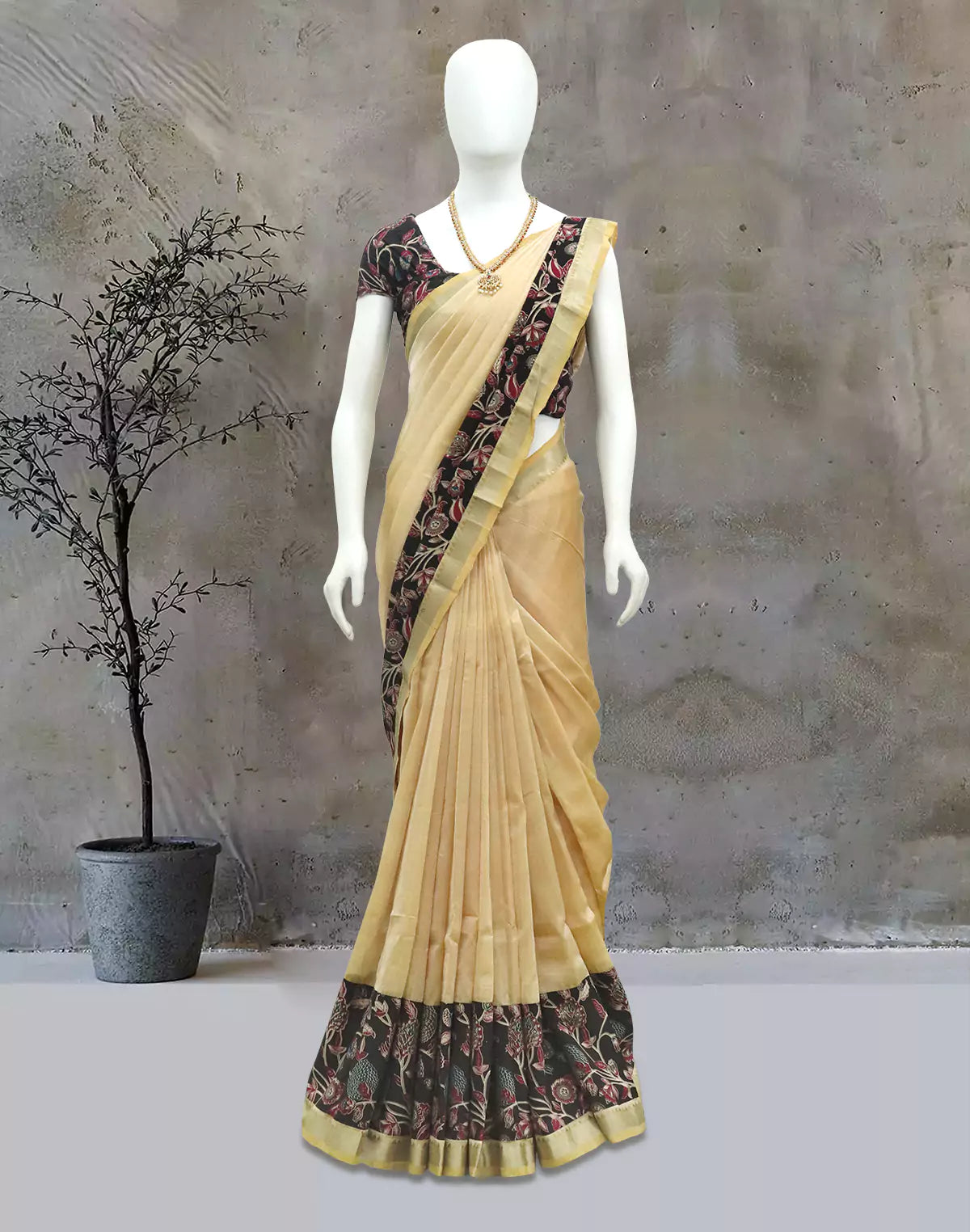 Beige and Brown Plain Mangalagiri Silk Saree with Kalamkari Border