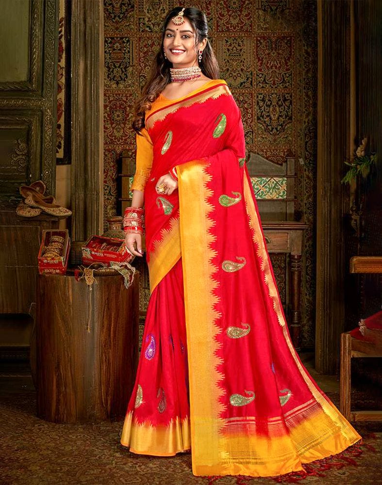 Embroidery Work Red Plain Banaras Fancy Saree