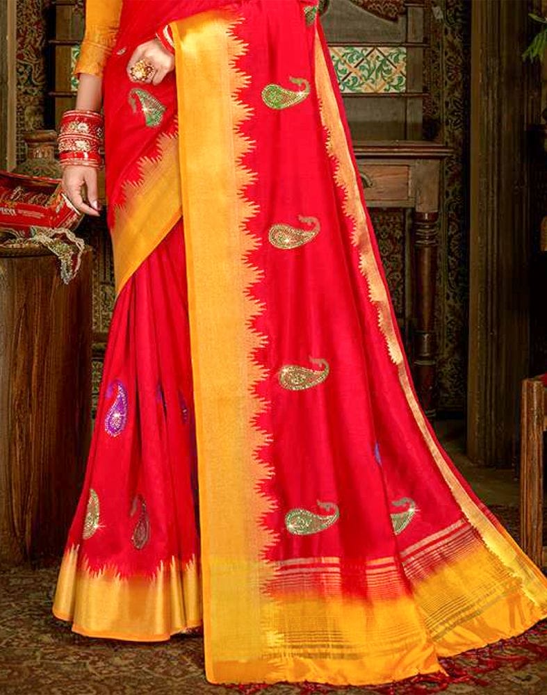 Embroidery Work Red Plain Banaras Fancy Saree