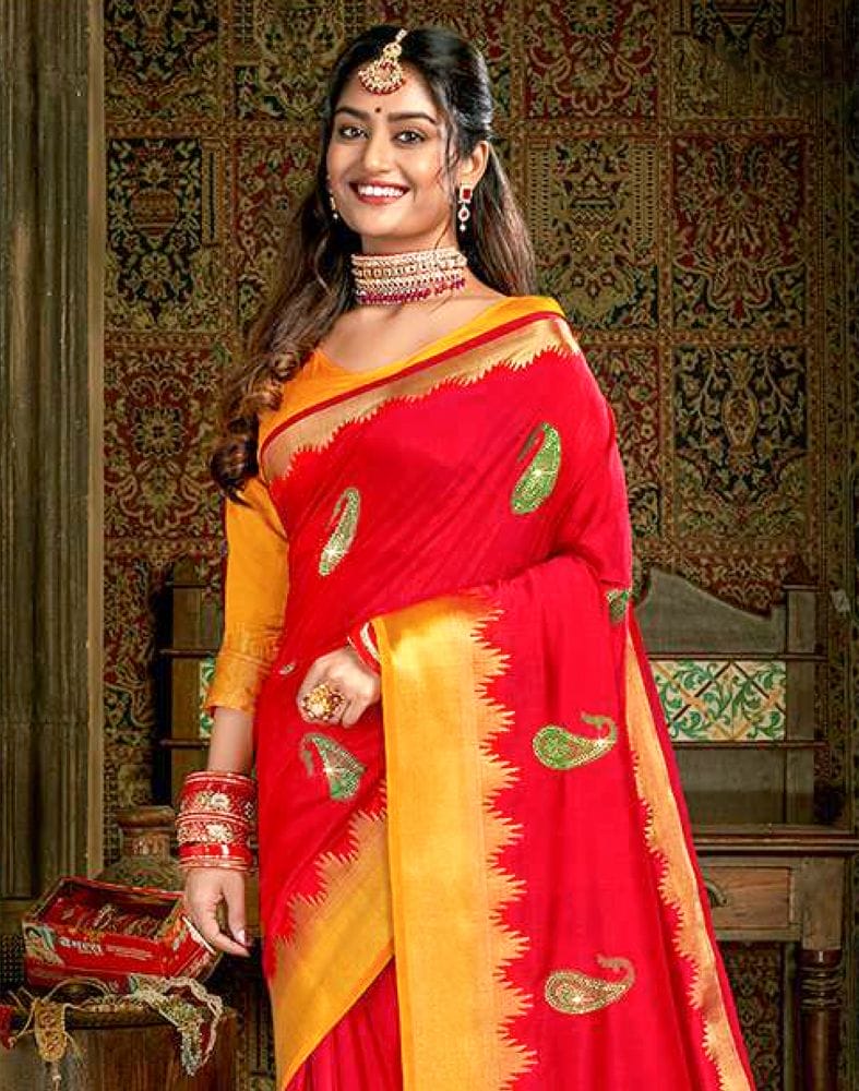 Embroidery Work Red Plain Banaras Fancy Saree