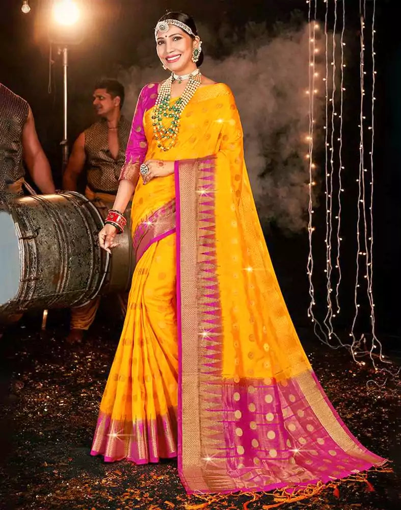 Stones Work Yellow Butta Banaras Fancy Saree