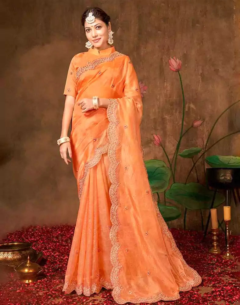 Light Orange Checkered Embroidery Work Organza Saree