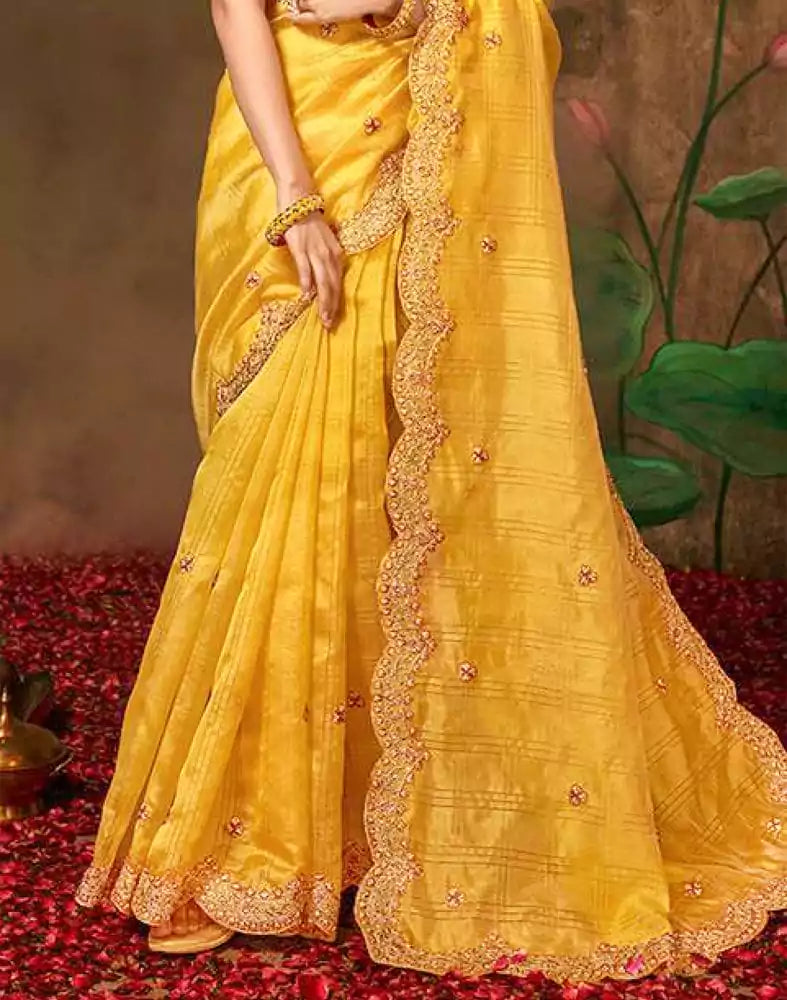 Yellow Checkered Embroidery Work Organza Saree