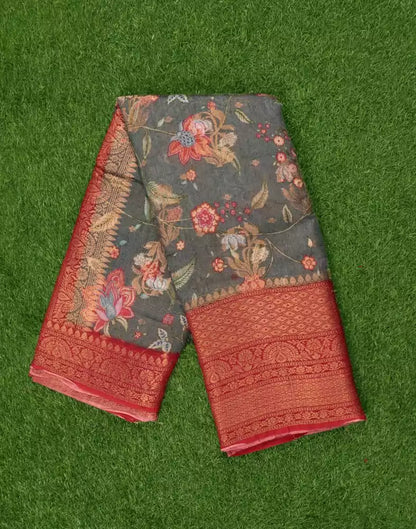 Grey Floral Printed Bagalpuri Saree