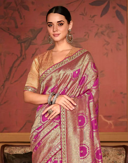 Golden Pink Floral Soft Dola Silk Designer Saree