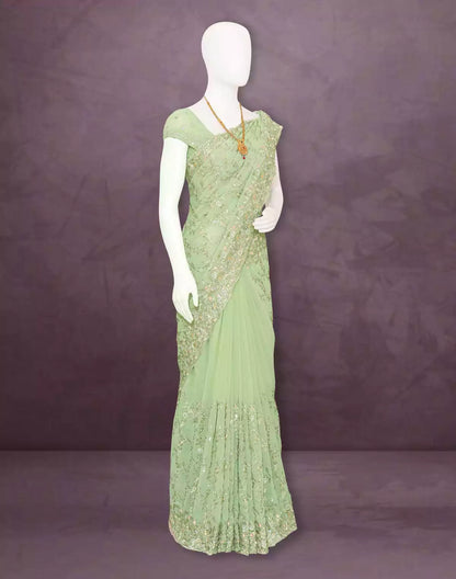 Pista Green Floral Georgette Stones work Saree