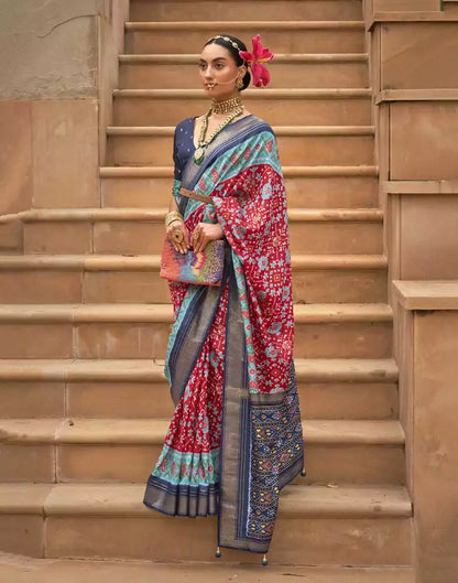 Cherry Red Ikat Patola Fabric Saree