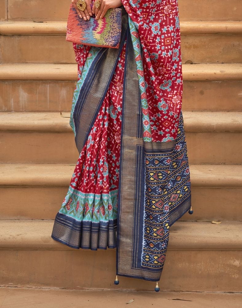 Cherry Red Ikat Patola Fabric Saree