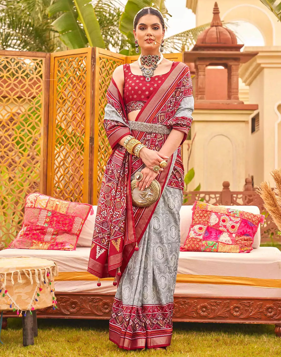 Grey and Red Traditional Patola Silk Saree