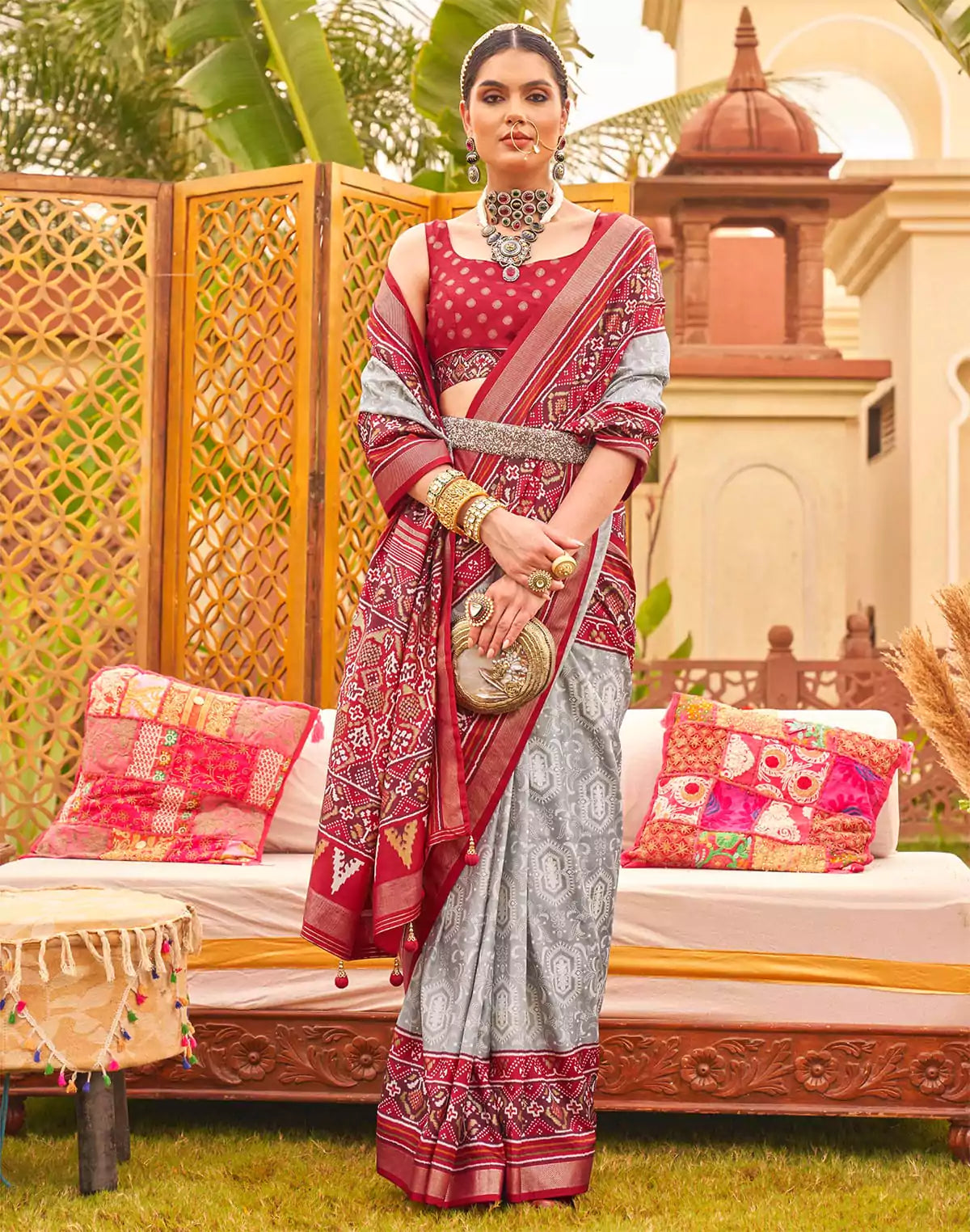 Grey and Red Traditional Patola Silk Saree