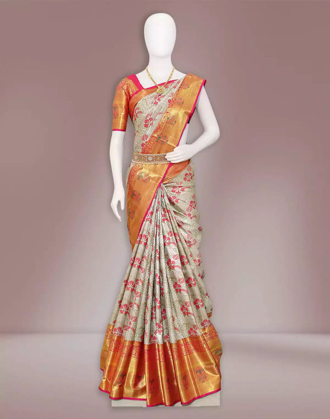 Grey and Pink Kanchi Pattu Saree
