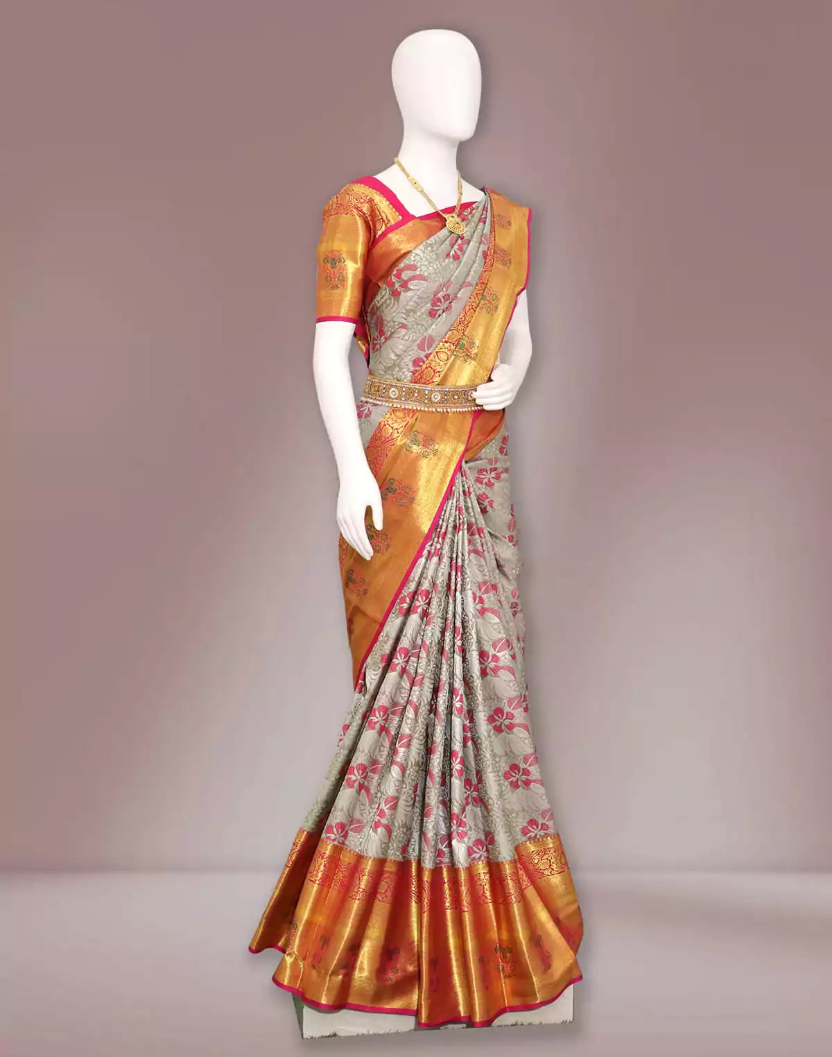 Grey and Pink Kanchi Pattu Saree