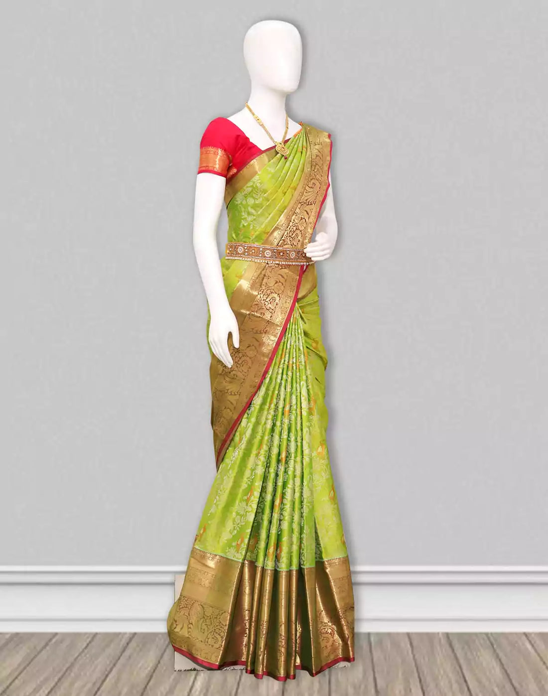 Parrot Green Silver and Golden Zari Pattu Saree