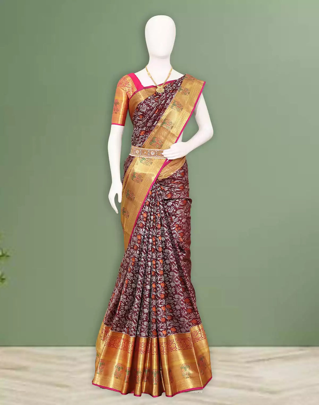 Brown Floral Silver and Golden Zari Silk Saree