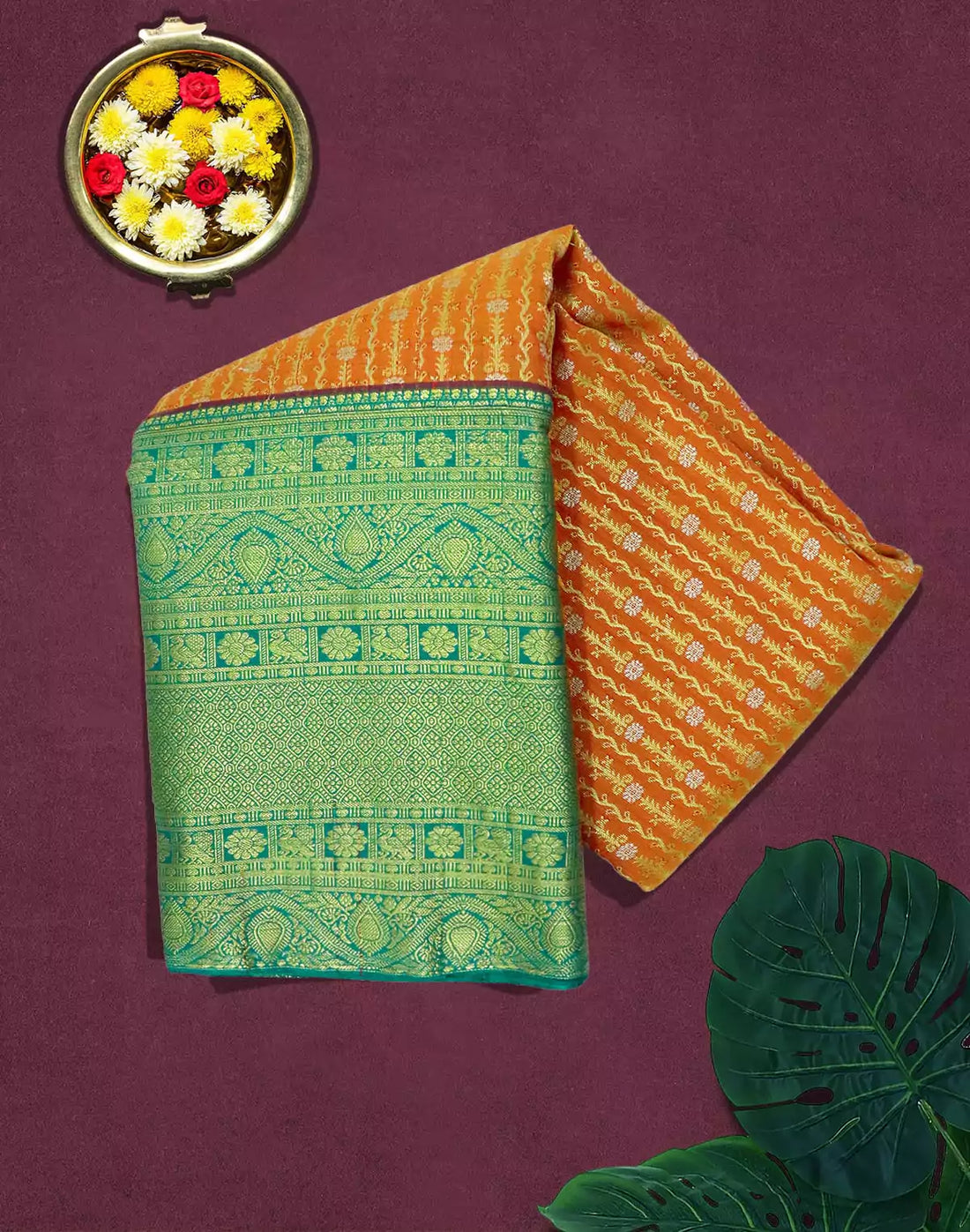 Orange all over Floral Zari Contrast Border Saree