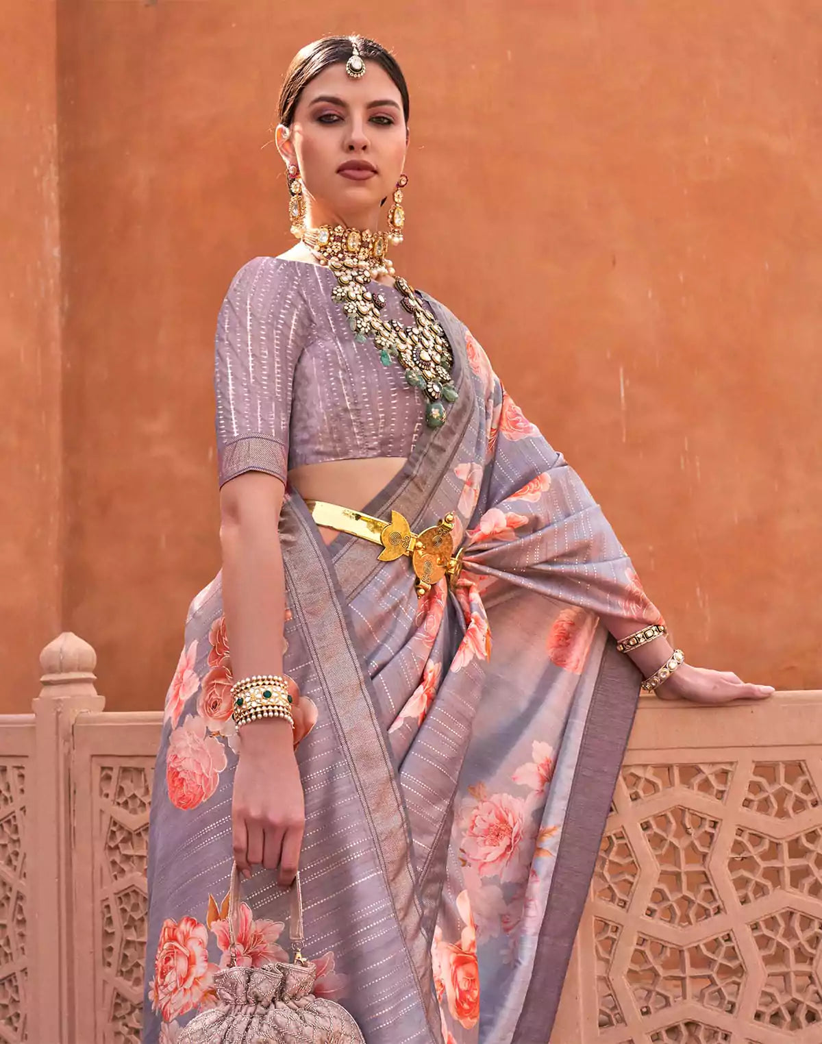 Grey Floral Print Soft Silk Fabric Saree