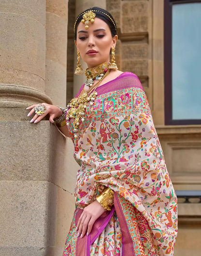 Light Grey Handloom Kalamkari Print Patola Saree