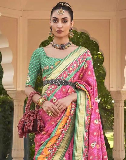 Pink Ikat Mirror work Patola Saree