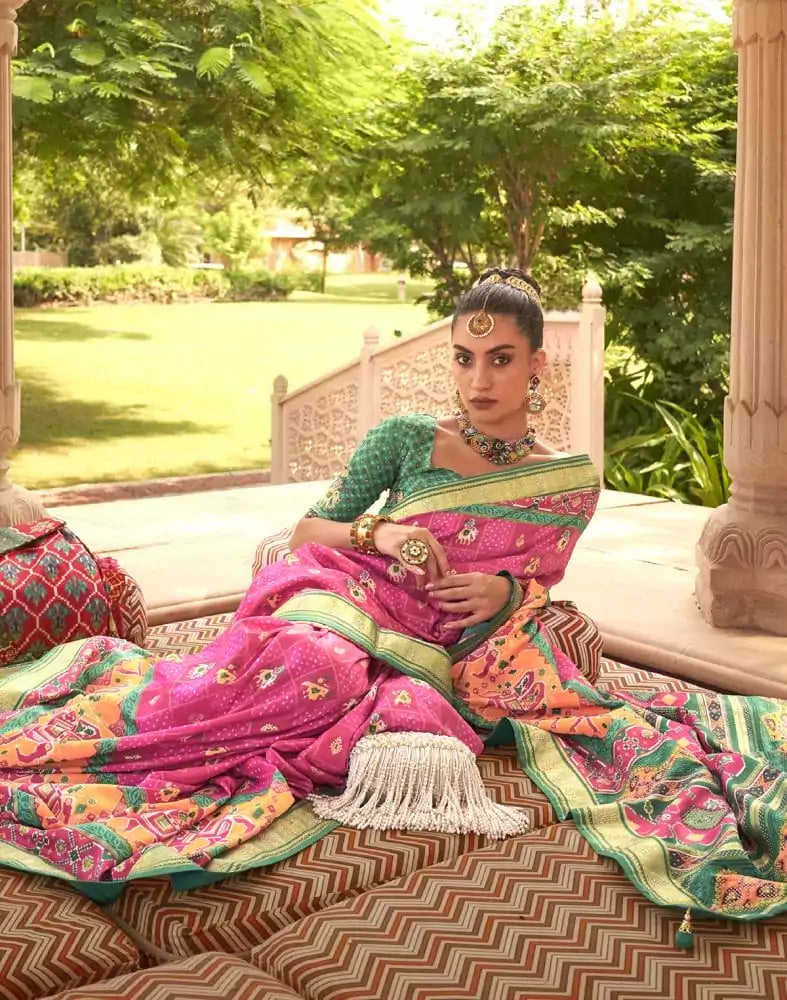 Pink Ikat Mirror work Patola Saree