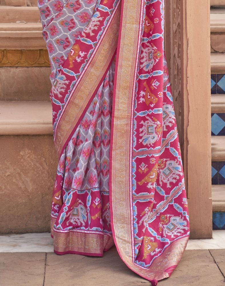 Stylish Light Grey Ikat Print Patola Saree