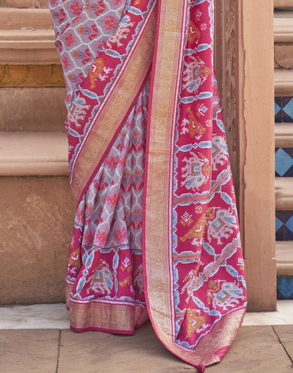 Stylish Light Grey Ikat Print Patola Saree