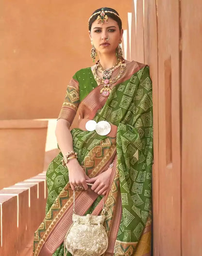 Mehendi Green Geometric Print Cotton Silk Saree