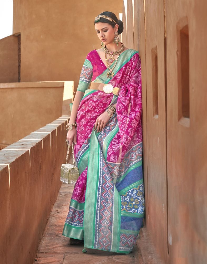 Geometric Print Pink Coloured Cotton Silk Saree