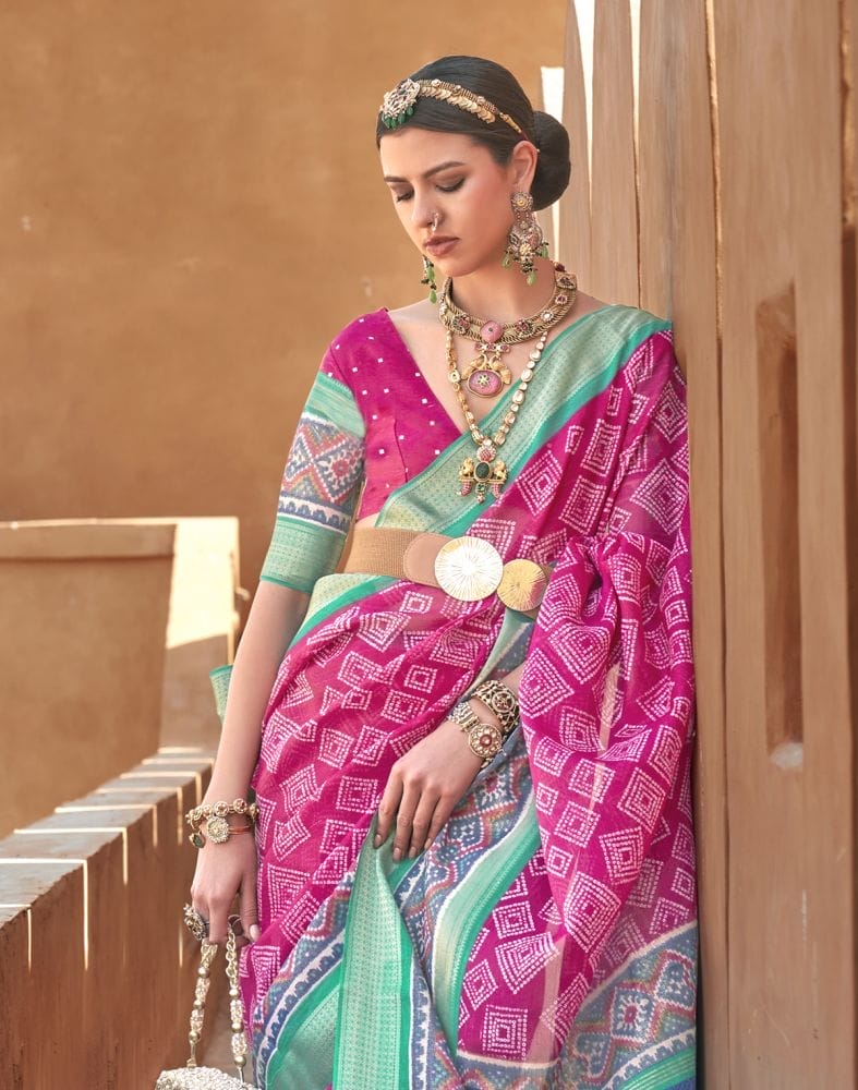 Geometric Print Pink Coloured Cotton Silk Saree