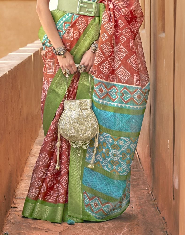 Orange Geometric Print Soft Cotton Silk Saree